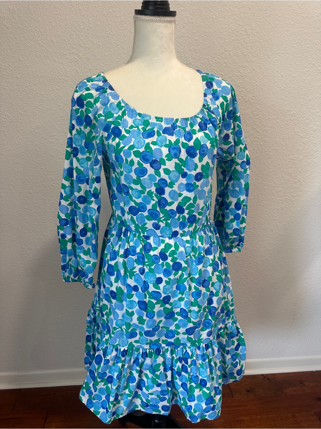 J. Crew Blue And Green Floral Scoop-Neck Long Sleeve Dress